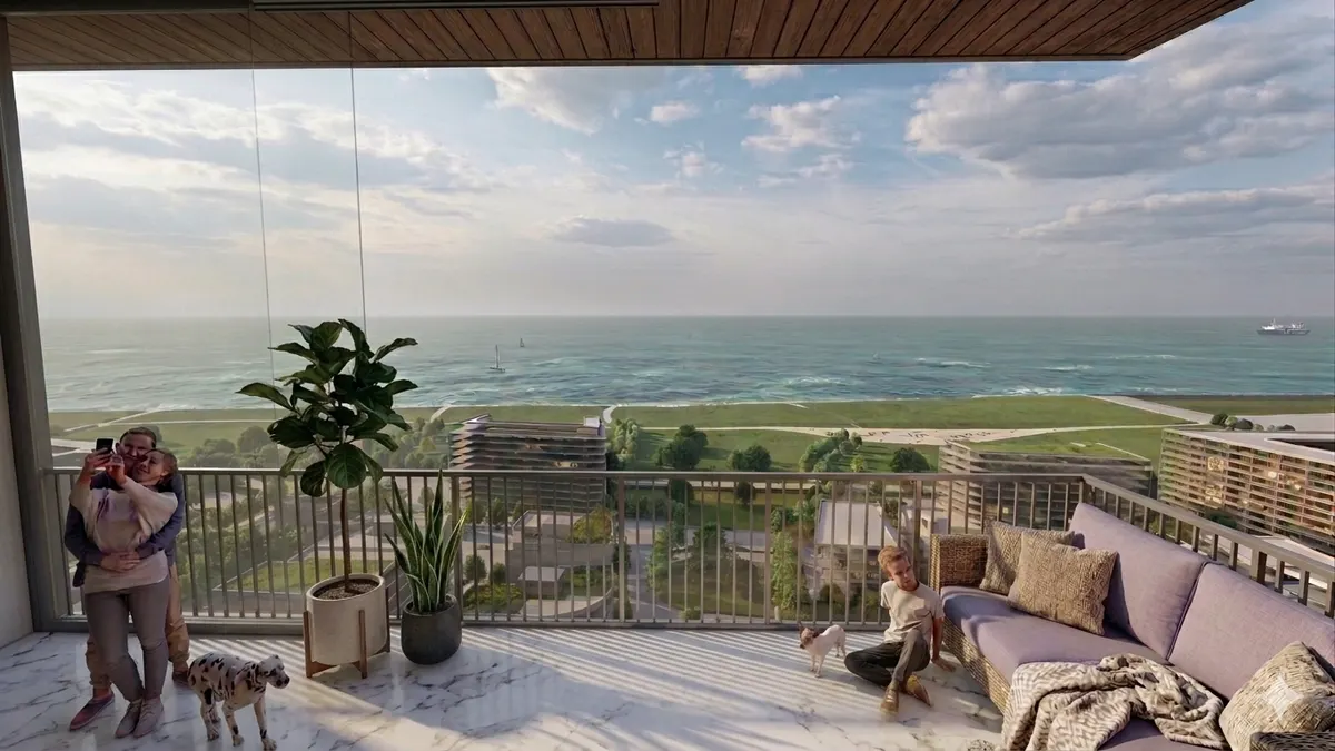 Visualisation of a furnished apartment terrace opening to a wide view