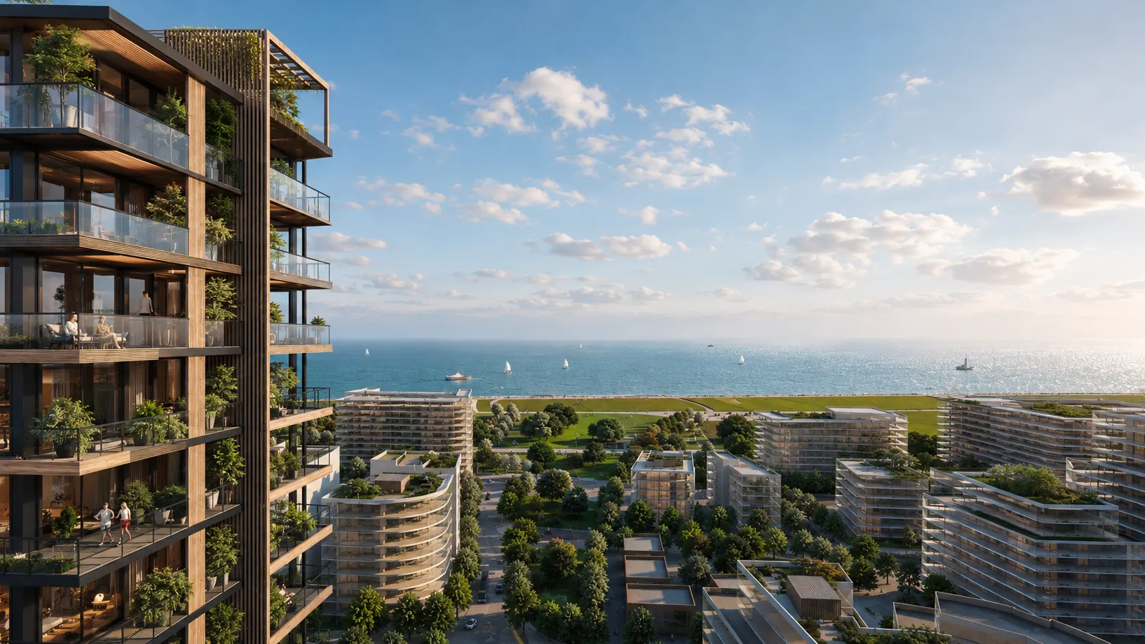 Visualisation of a residential tower with deep planted balconies above a green district
